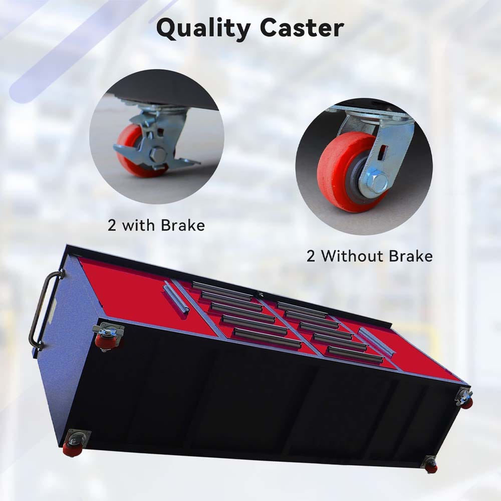 Drawer Cabinet On Four Wheels With Closeups Of Two Braked Casters And Two Nonbraked Casters