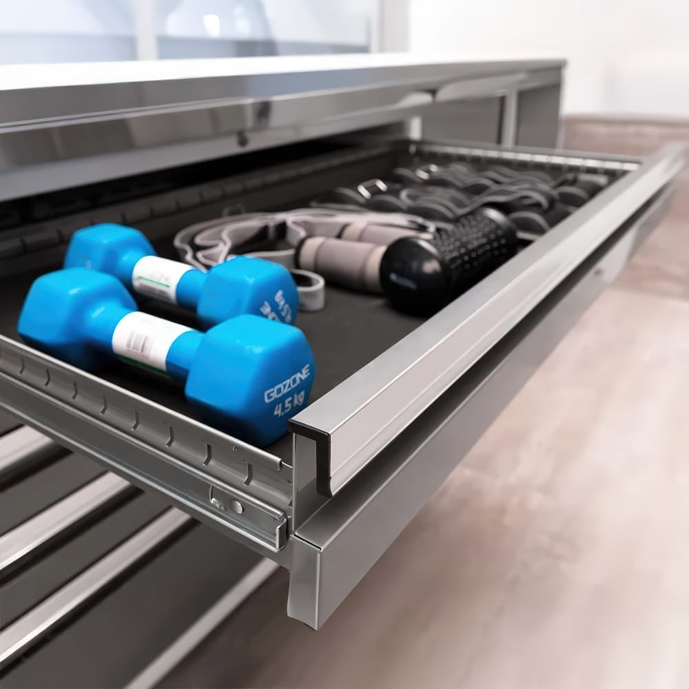 Drawer With Blue Dumbbells And Fitness Accessories Neatly Organized