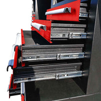 Drawers Extended On Shiny Metal Slides Revealing The Black Textured Cabinet Frame And Drawer Interiors