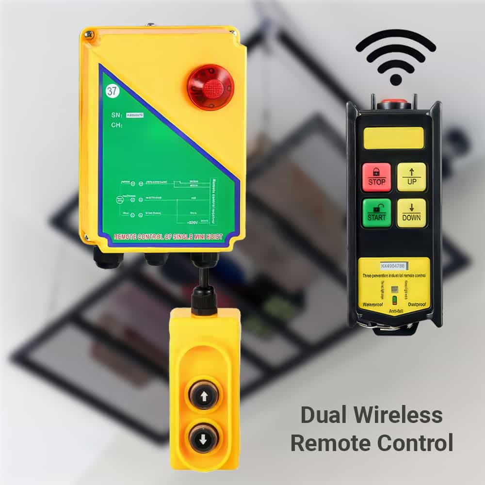 Dual wireless remote control system with a transmitter and receiver on a blurred background.