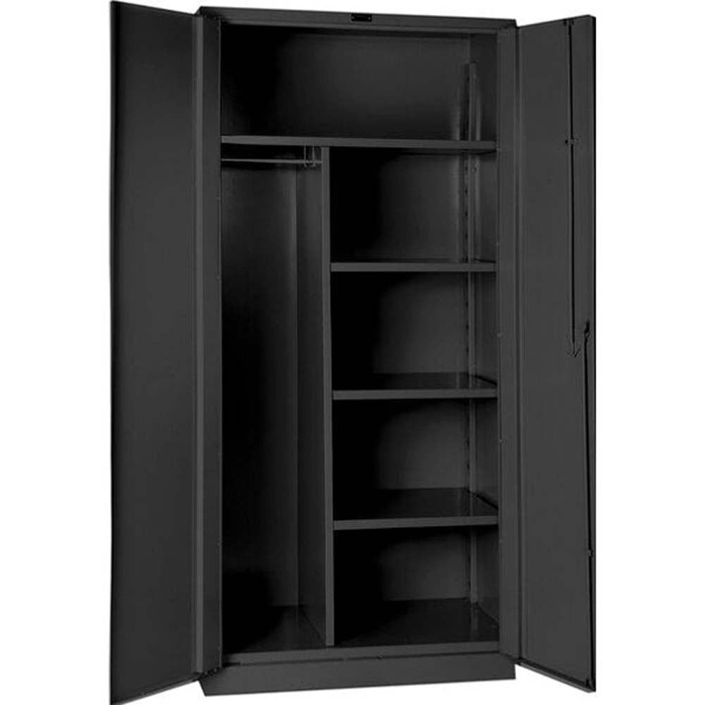 DuraTough Classic Series Cabinet 36W x 24D With Open Doors Featuring Multiple Shelves On The Right And A Hanging Rod On The Left