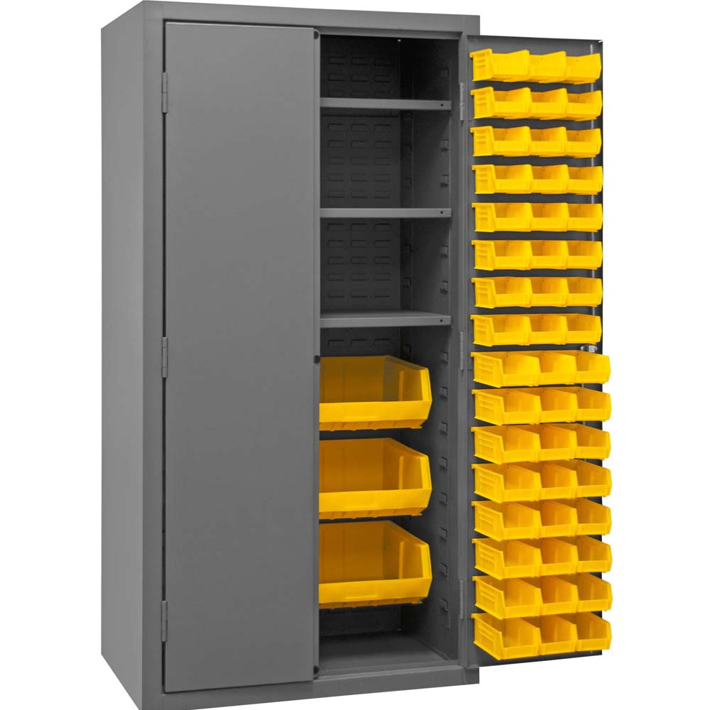 Durham 102 Bin Cabinet With 3 Shelves With Multiple Shelves And Yellow Bins On The Door And Inside