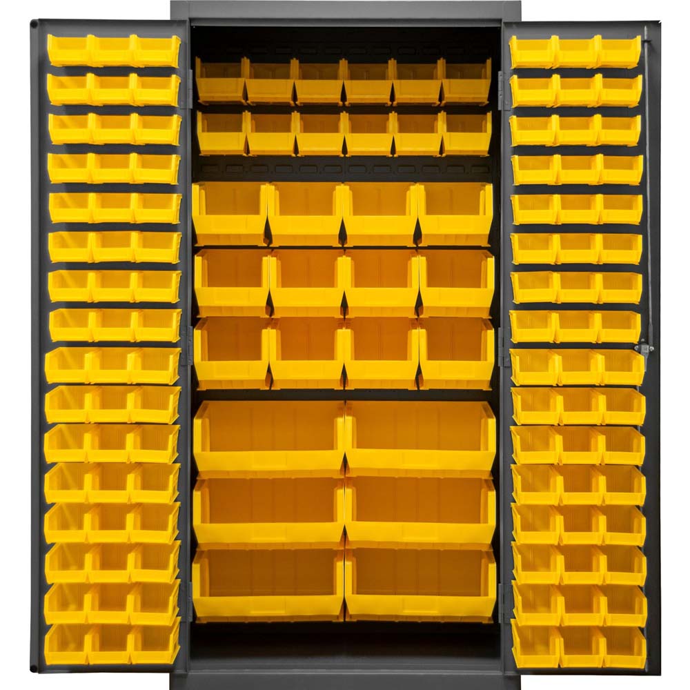 Durham 126 Bin Cabinet With Multiple Yellow Bins Arranged Inside And On The Doors