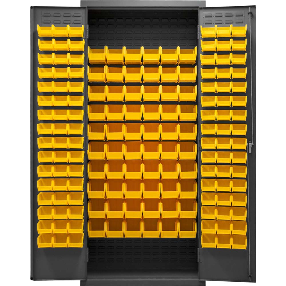 Durham 156 Bin Cabinet With Open Doors Featuring Numerous Yellow Bins Arranged In Rows On Both The Doors And The Interior