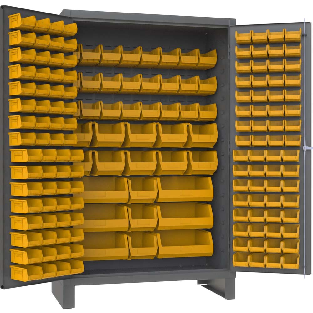 Durham 171 Yellow Bin Cabinet With Multiple Shelves Filled With Yellow Plastic Bins