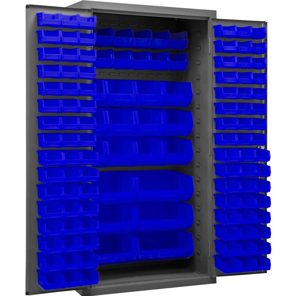 Durham 2501-BDLP-126-5295 With Open Doors Filled With Numerous Bright Blue Plastic Bins
