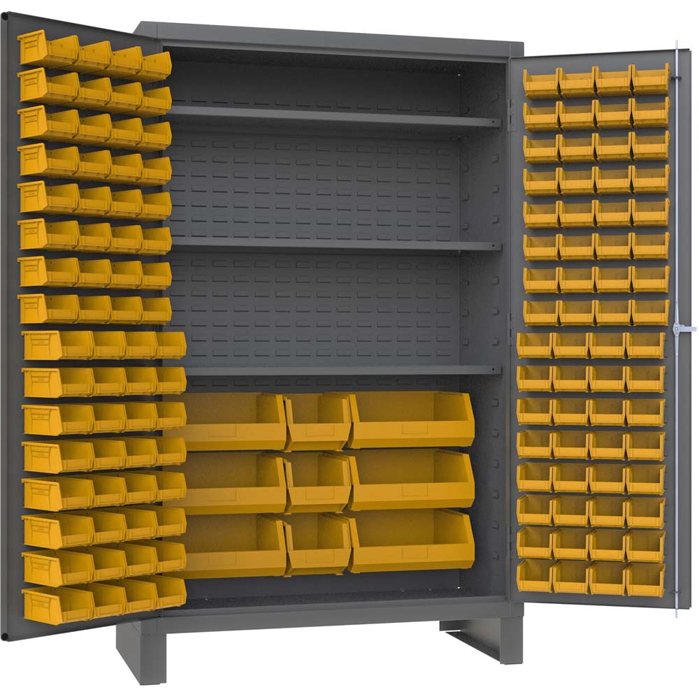 Durham 3 Shelves Cabinet With 137 Yellow Bins With Open Doors Revealing Multiple Shelves And Numerous Yellow Storage Bins Attached To The Doors And Inside