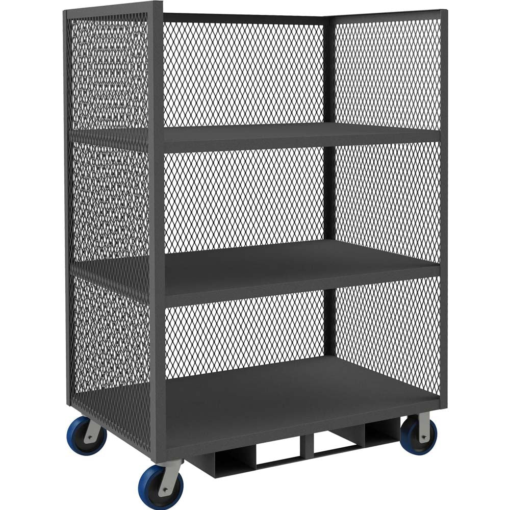 Durham 3 Sided Mesh Truck 30x48 With Three Shelves Mesh Sides And Blue Wheels