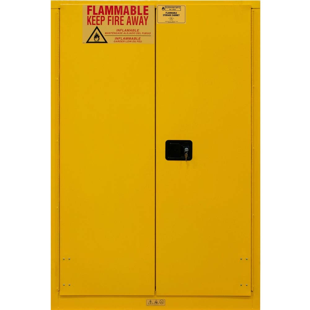 Durham 45 Gallon Flammable Cabinet Manual With Warning Labels Indicating It Is For Keeping Fire Away
