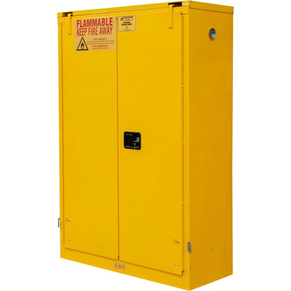 Durham 45 Gallon Flammable Cabinet With A Warning Label That Reads FLAMMABLE KEEP FIRE AWAY