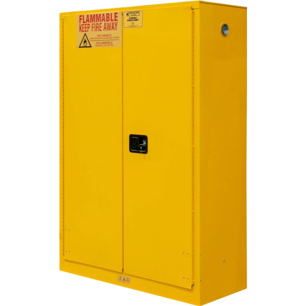 Durham 45 Gallon Manual Flammable Storage With A Warning Label That Reads FLAMMABLE KEEP FIRE AWAY
