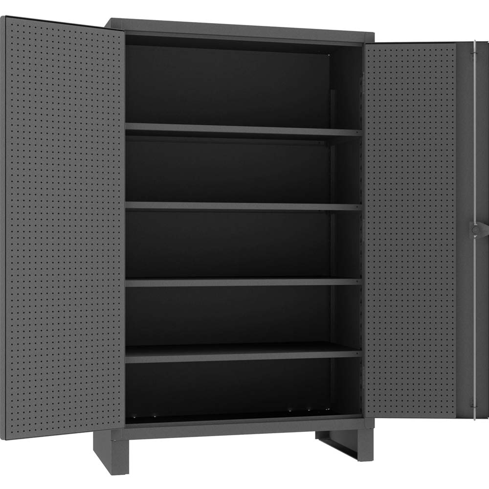 Durham 4 Shelf Pegboard Cabinet 36x24x78 With Perforated Doors Opened To Reveal Multiple Shelves Inside