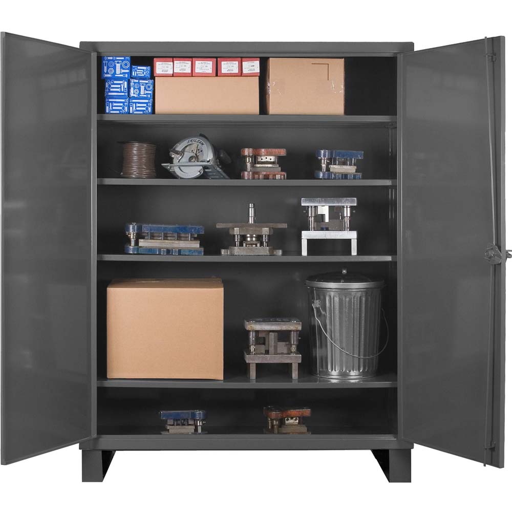 Durham 4 Shelf Storage Cabinet With Shelves Containing Various Items Including Boxes Mechanical Components And A Trash Can