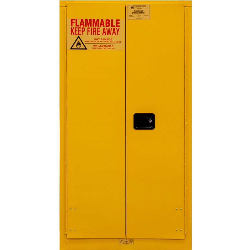 Durham 55 Gallon Flammable Cabinet With A Warning Label That Reads “FLAMMABLE KEEP FIRE AWAY”