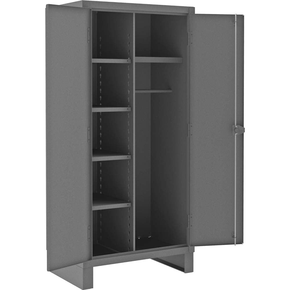 Durham 5 Shelves Wardrobe Cabinet With Hanger Bar With Multiple Shelves And A Hanging Rod Inside With One Door Open
