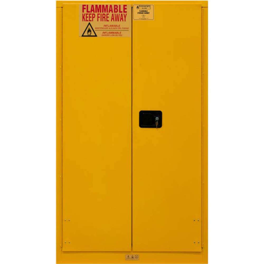 Durham 60 Gallon Flammable Cabinet With A Flammable Keep Fire Away Warning Label On The Top Left