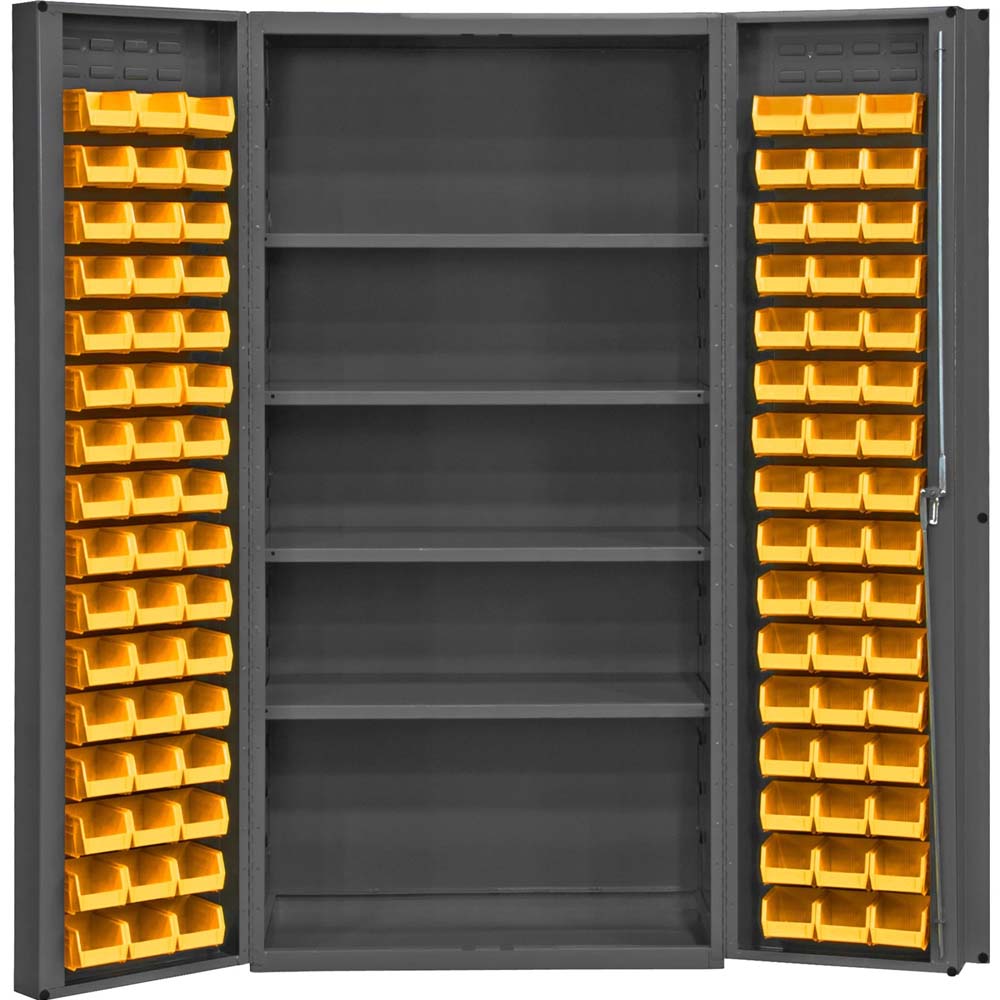 Durham 96 Bin Storage Cabinet With Open Doors Featuring Multiple Yellow Bins On The Inside Of Each Door And Several Shelves In The Main Compartment