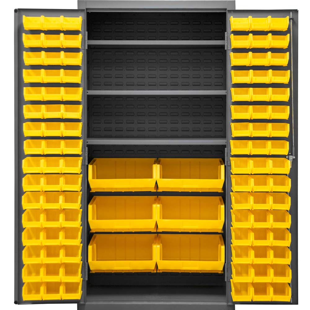 Durham Cabinet With 102 Yellow Bins And 3 Shelves With Multiple Yellow Bins On The Doors And Shelves Inside