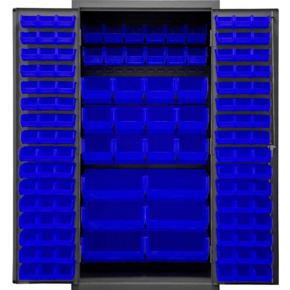 Durham Cabinet With 126 Blue Bins With Multiple Blue Bins Arranged On The Doors And Inside Shelves