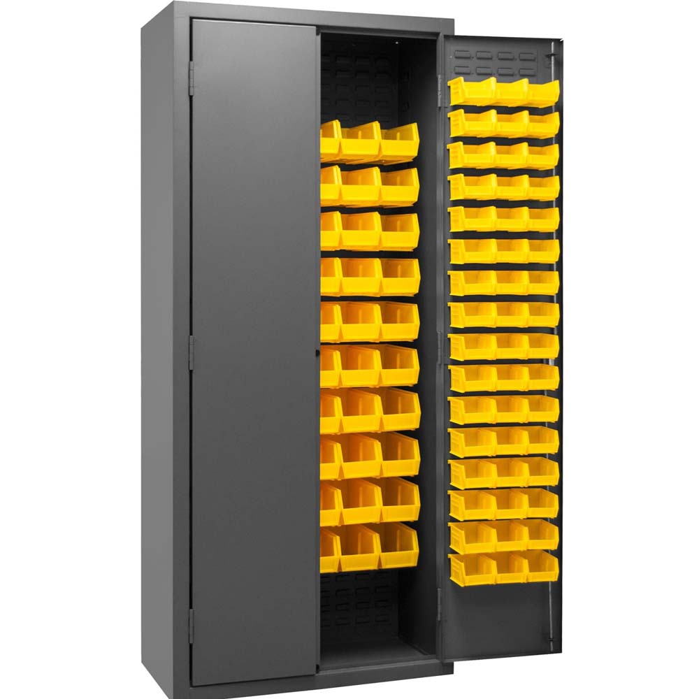 Durham Cabinet With 156 Yellow Bins With Numerous Yellow Bins Organized On The Inside Of The Door And Shelves