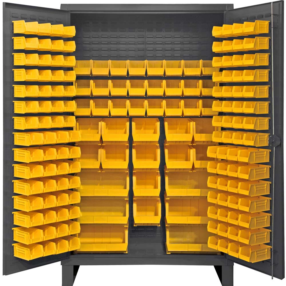 Durham Cabinet With 162 Yellow Bins With Numerous Yellow Bins Arranged On Shelves And Doors For Organizing Small Items
