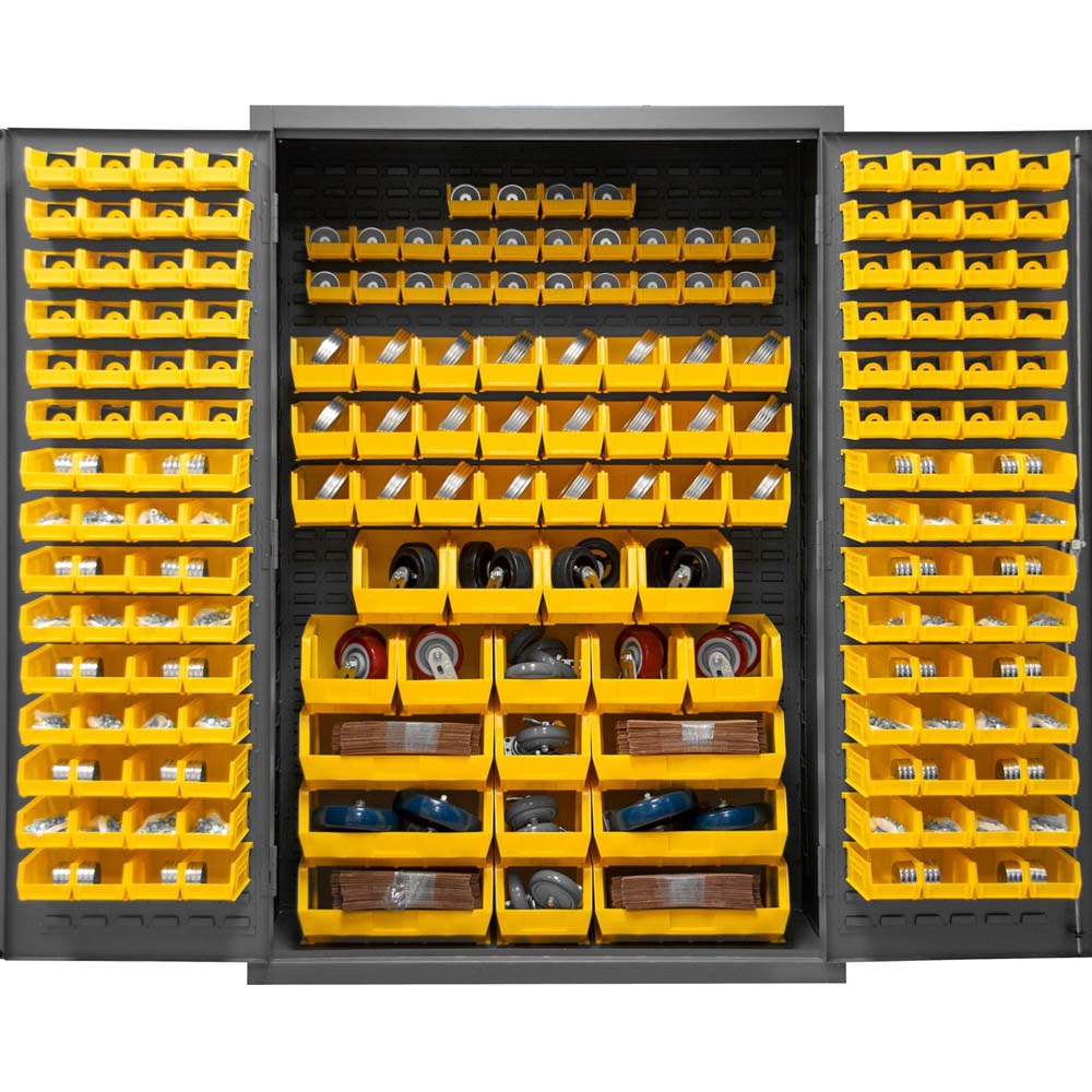 Durham Cabinet With 186 Yellow Bins With Yellow Bins Containing Various Hardware Items Such As Wheels And Fasteners Organized Neatly On Shelves
