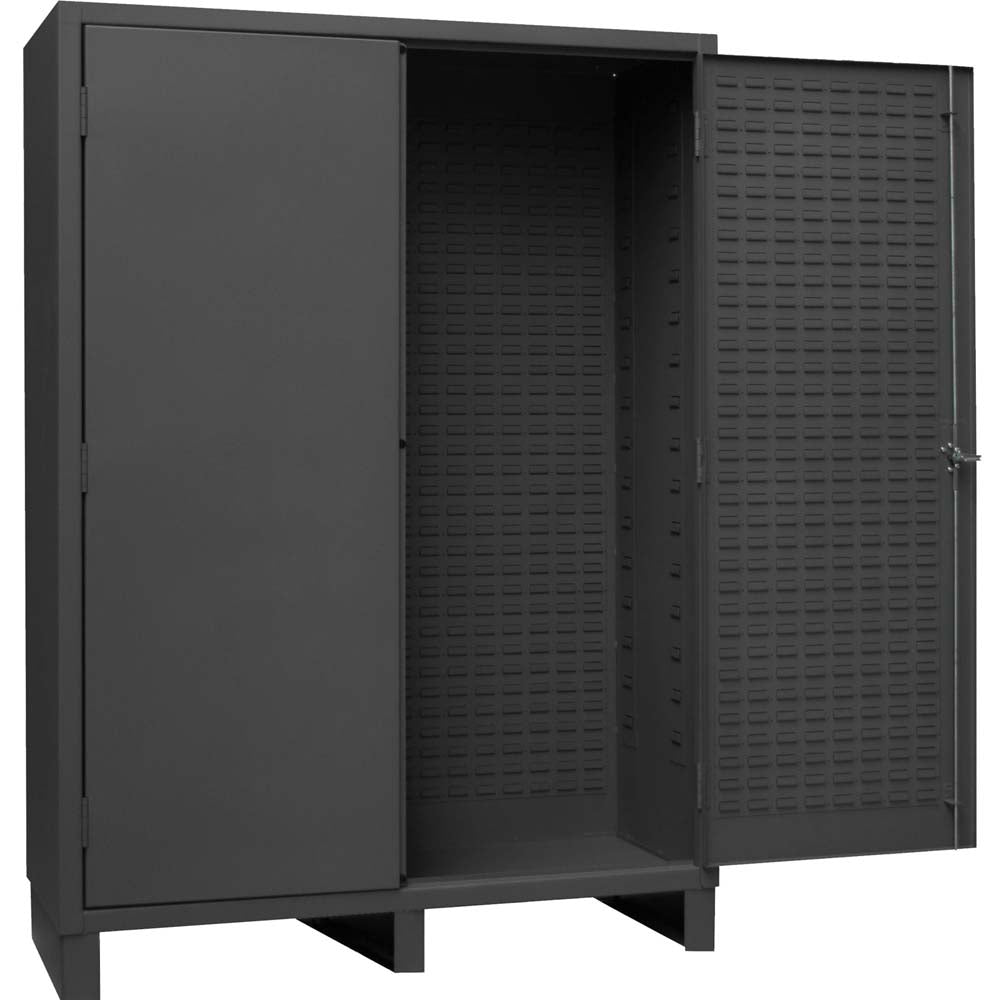 Durham Customizable Cabinet With Louvered Panel With Two Open Doors Revealing A Perforated Interior