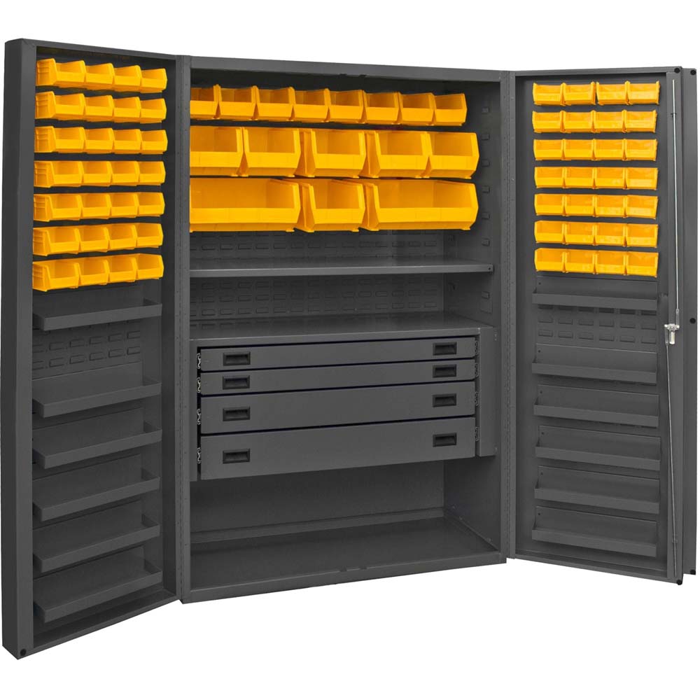Durham DCBDLP724RDR-95 With Open Doors Featuring Multiple Yellow Storage Bins Shelves And Drawers