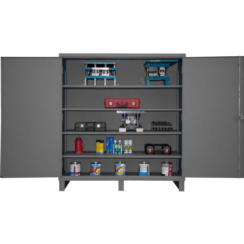 Durham Extra Heavy Duty Lockable Storage Cabinet With Open Doors Revealing Multiple Shelves Stocked With Various Tools Equipment And Supplies