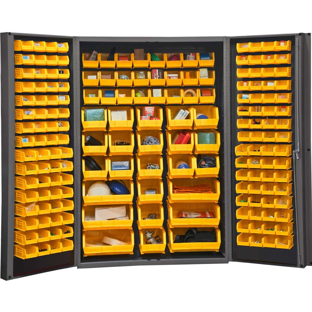 Durham Heavy Duty Cabinet 48x24x72 With Numerous Yellow Bins Filled With Various Items