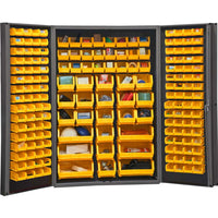 Durham Heavy Duty Cabinet 48x24x72 With Numerous Yellow Bins Filled With Various Items