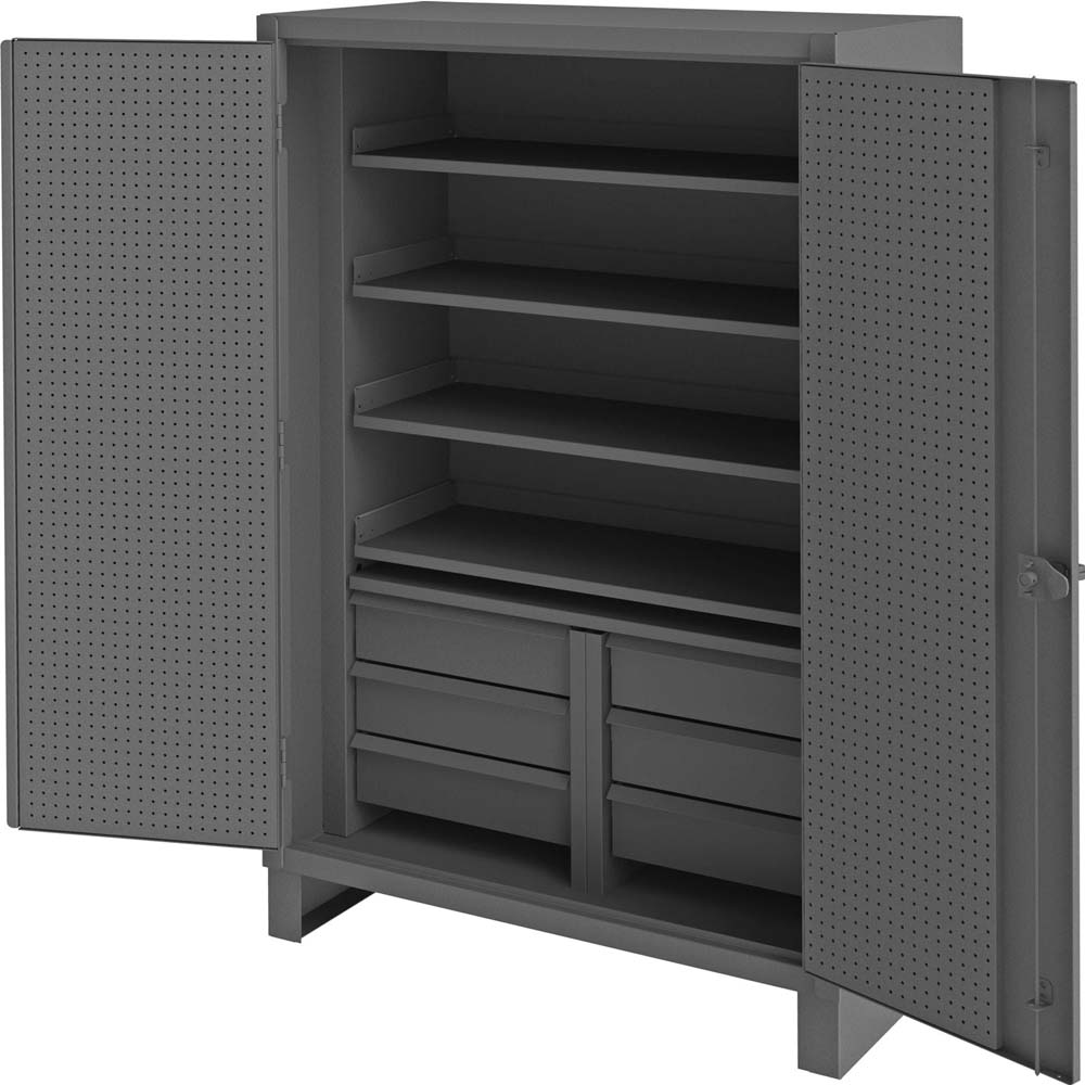 Durham Storage Cabinet With Drawers And Shelves With Open Doors Featuring Several Shelves And Drawers Inside