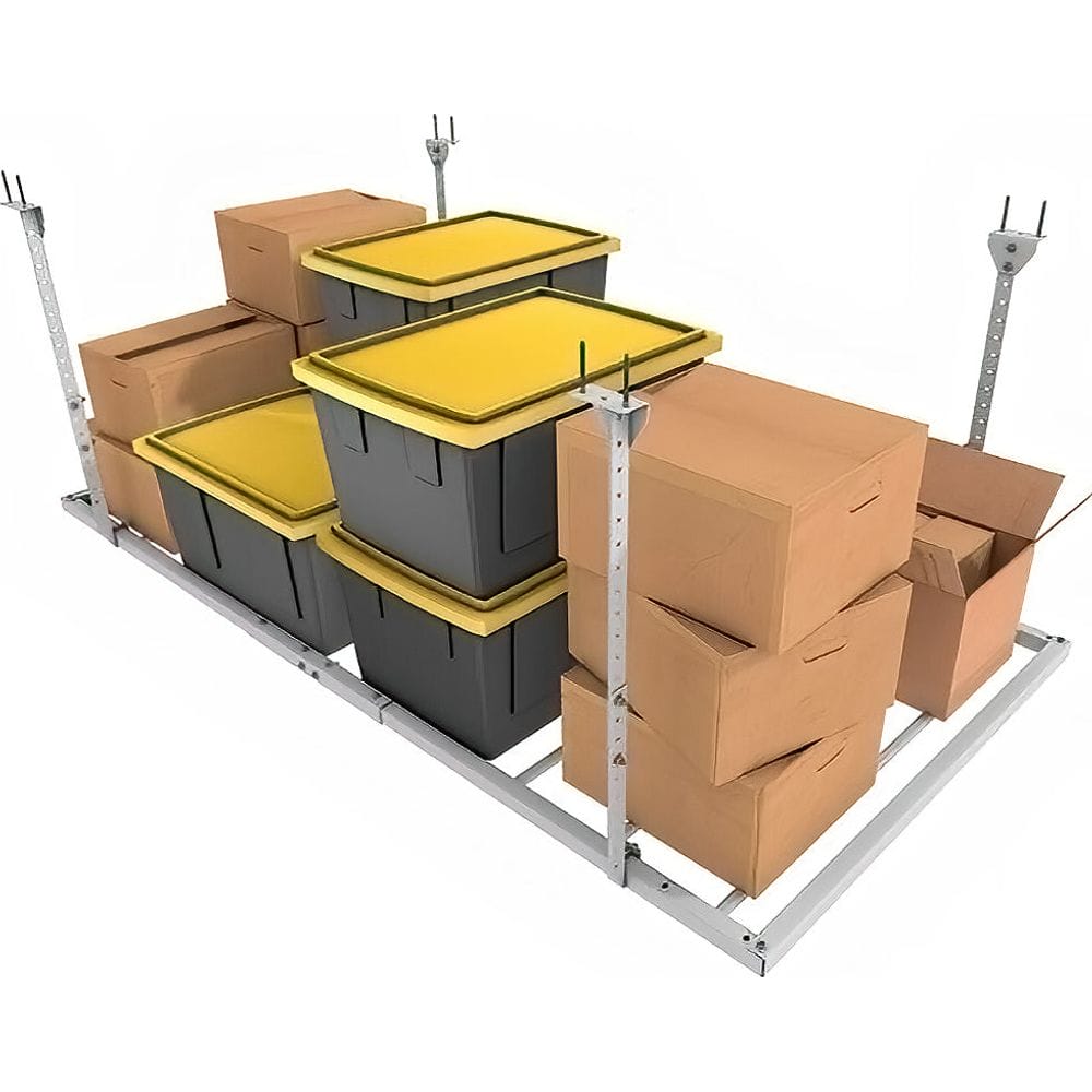 EZ Storage Adjustable Overhead Rack Filled With Variously Sized Gray Storage Bins With Yellow Lids And Several Brown Cardboard Boxes