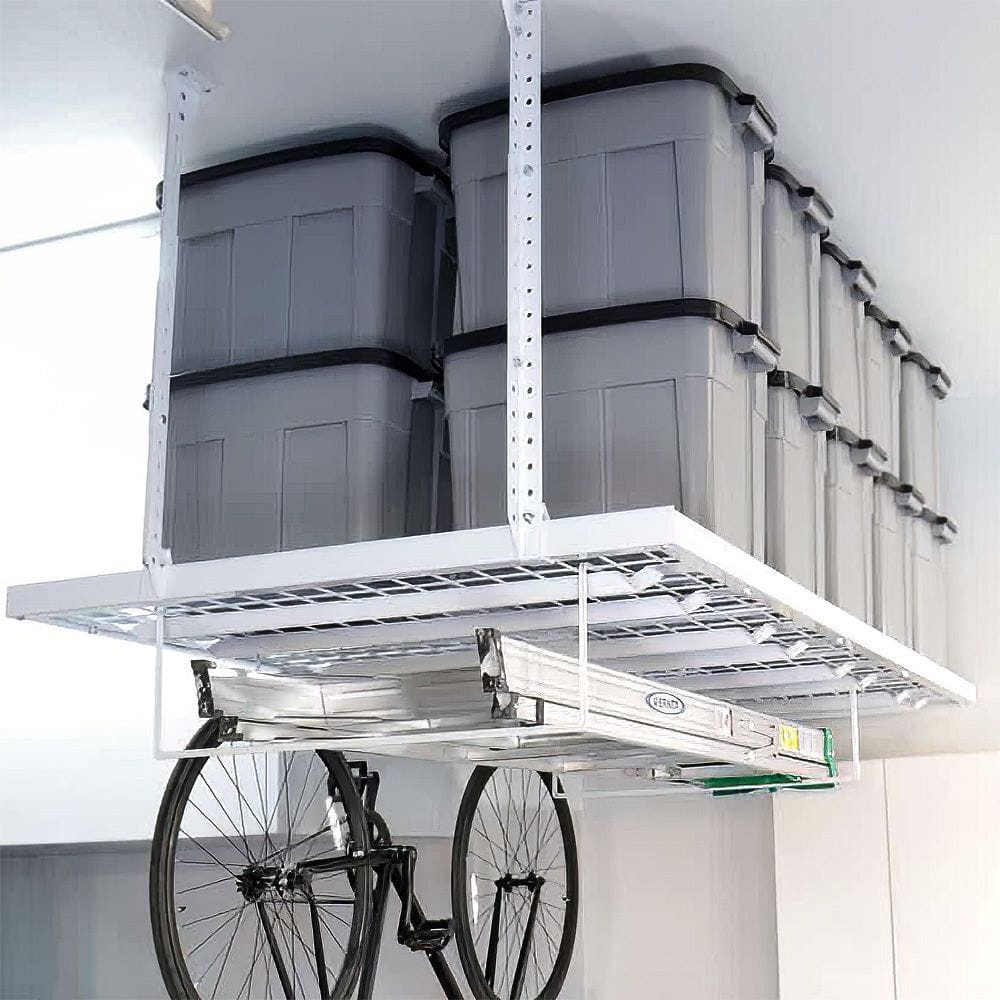 EZ Storage Overhead Rack Organizer Mounted To The Ceiling Holding Several Gray Storage Bins And A Suspended Bicycle Beneath It