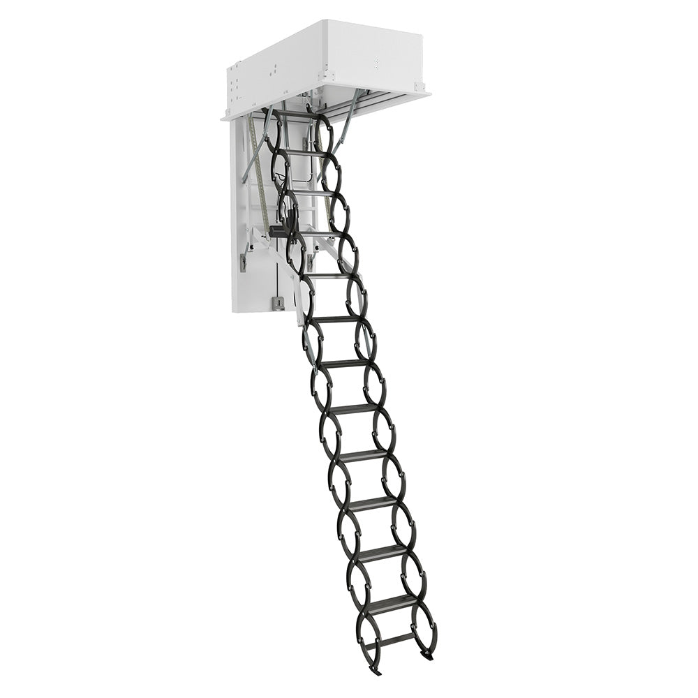 Electric Retractable Attic Ladder With Ring Shaped Steps Extending From A White Ceiling Box