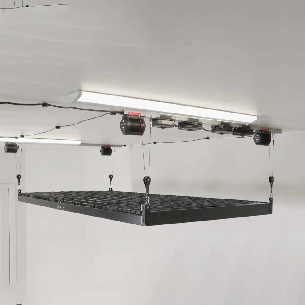 Empty Black Storage Platform Is Suspended From A Garage Ceiling By Cables Connected To The Smarter Home Retractable Garage Storage Lift
