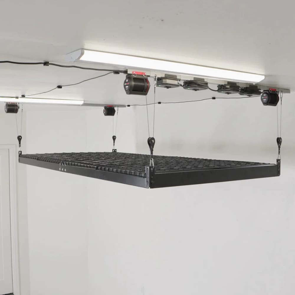 Empty Black Storage Platform Suspended From The Garage Ceiling By Smarter Home Garage Platform Lift