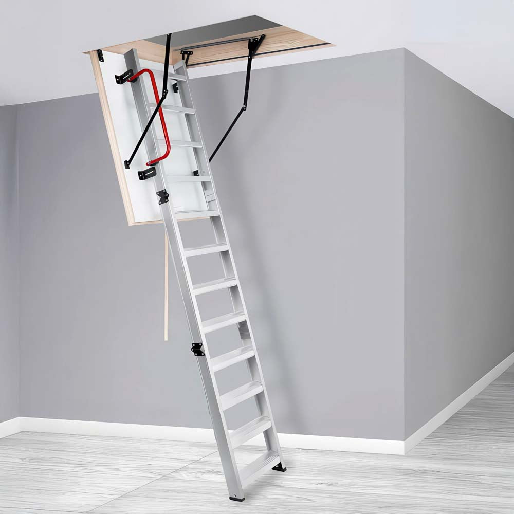 Extended Aluminum Attic Ladder With Red Safety Handrail