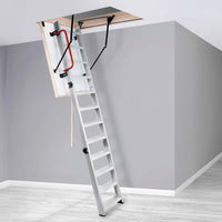 Extended Aluminum Attic Ladder With Red Safety Handrail