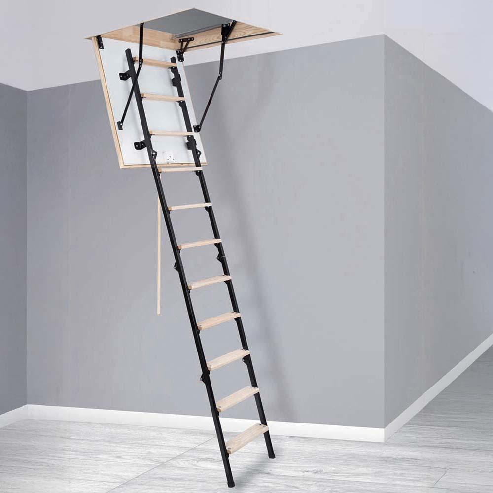 StairLuxe UNI Wooden–Metal Attic Ladder | Compact 4-Section | 350-lb Rated