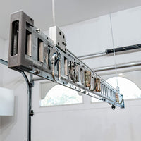 Extended Intricately Assembled Metallic Rail System Of AuxxLift Electric Lifts For Garage Storage With Various Hooks And Mechanisms Suspended From The Ceiling