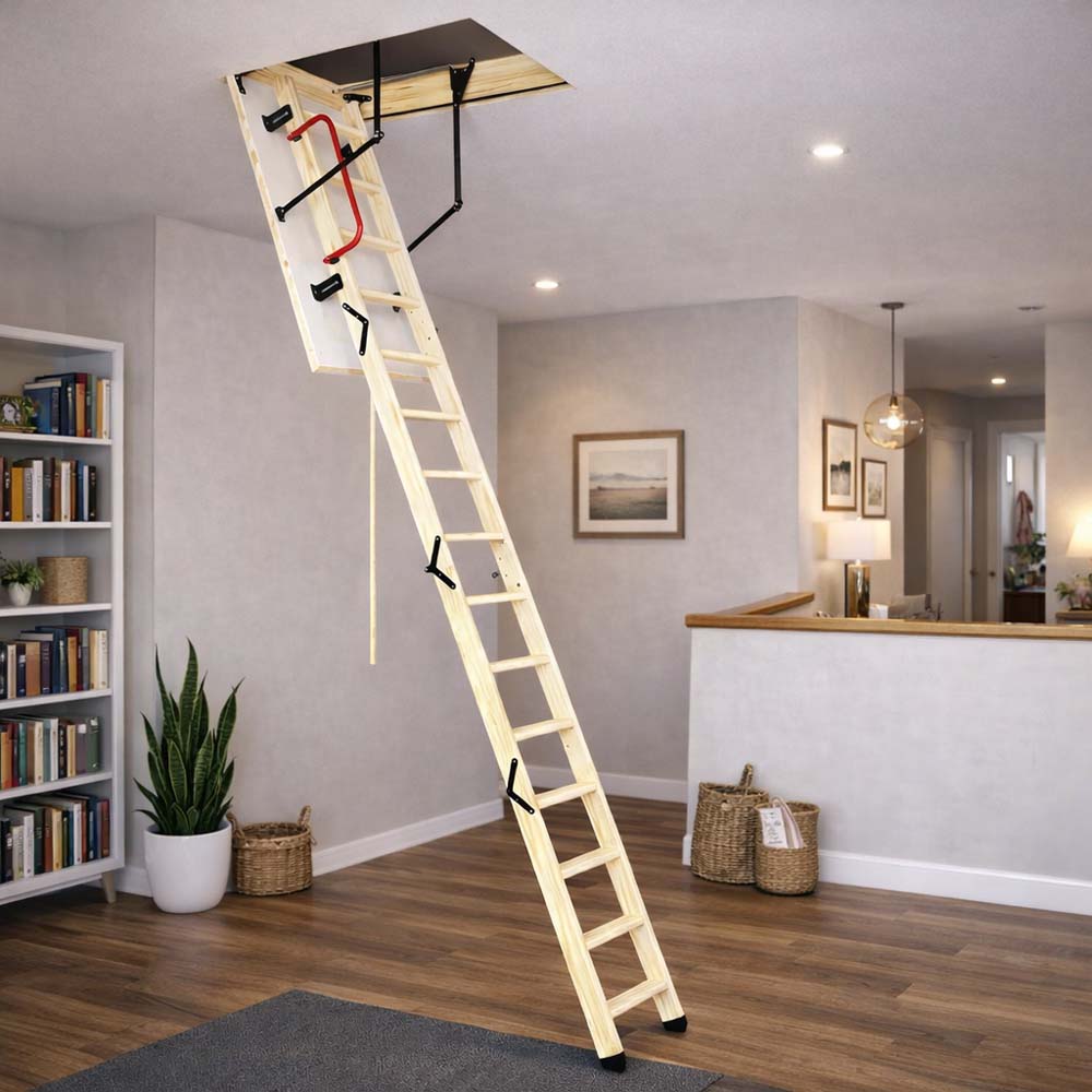 Extended Wooden Attic Ladder Drops From A Ceiling Hatch