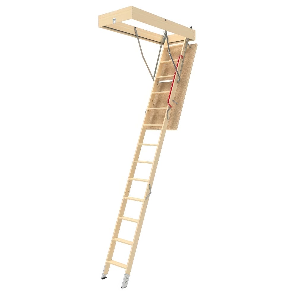 Extended Wooden Attic Ladder With Metal Support Bars And Red Safety Handle