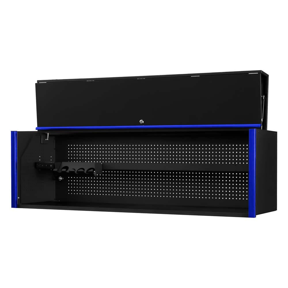Extreme Tools 72 Black Hutch Workstation With A Blue Trim An Open Top Compartment And A Perforated Back Panel With An Integrated Power Strip And Tool Holders