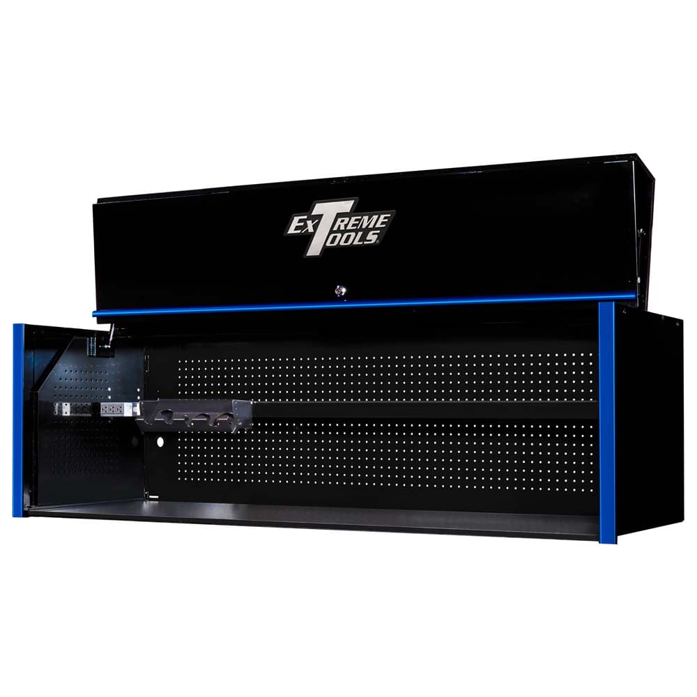 Extreme Tools 72 Black Top Hutch With Blue Side Accents And A Pegboard Back Panel Featuring An Open Lid