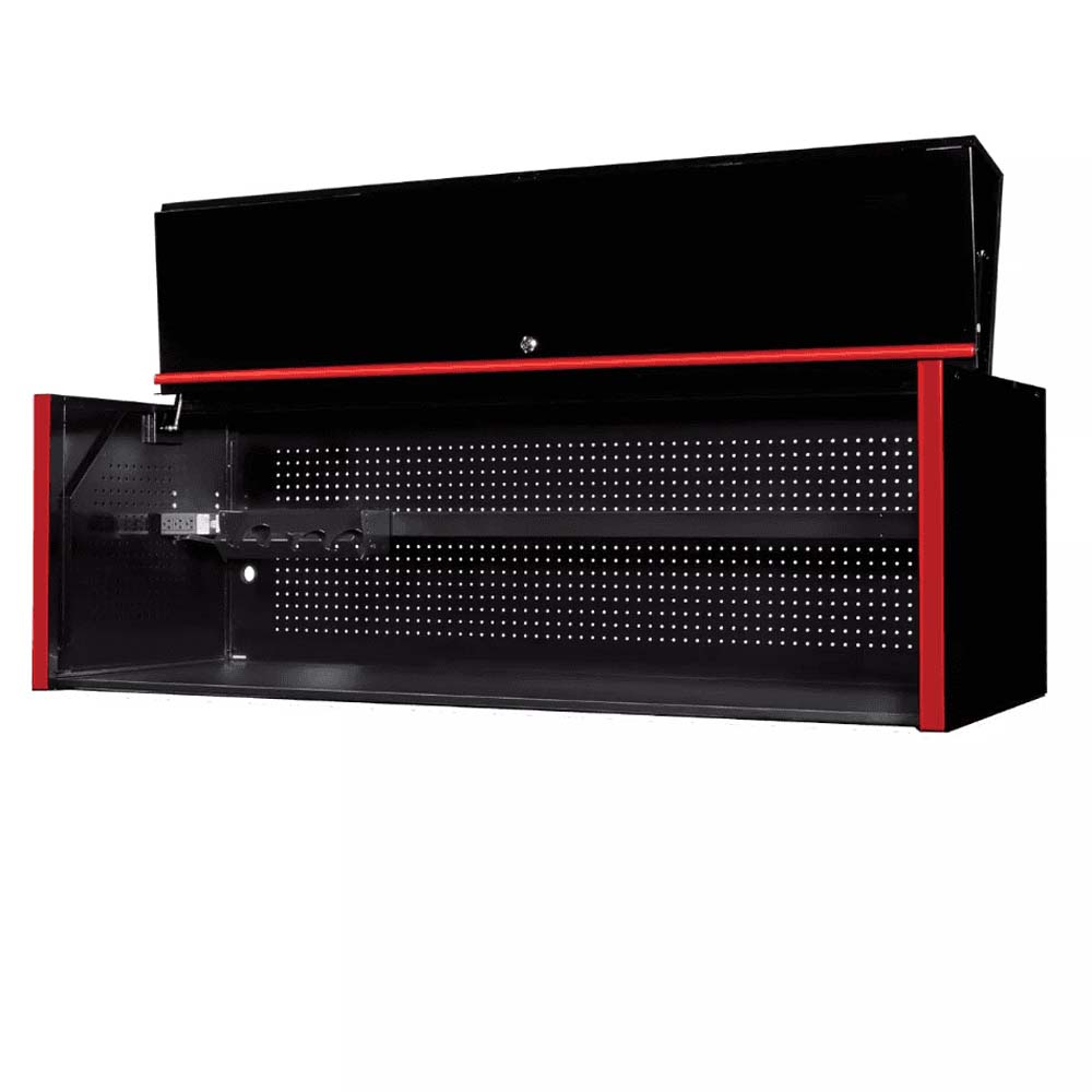 Extreme Tools Best Tool Box Hutch Black Top Hutch With Red Side Accents And A Pegboard Back Panel Featuring An Open Lid