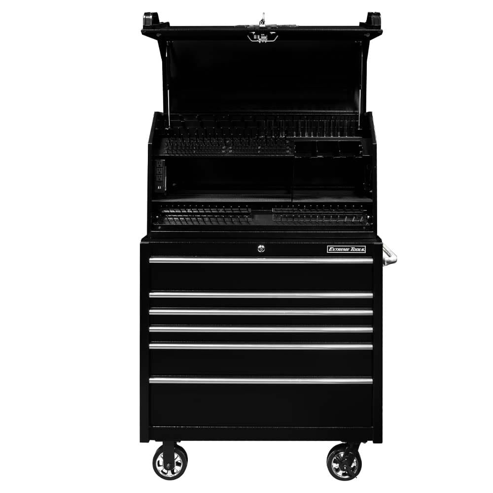 Extreme Tools Deluxe Portable Workstation With Multiple Drawers And An Open Top Compartment Mounted On Wheels