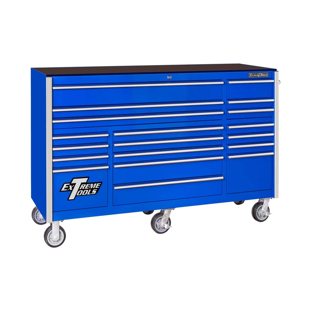 Extreme Tools Heavy Duty Roller Cabinet Featuring Numerous Drawers And A Side Handle All Supported By Caster Wheels
