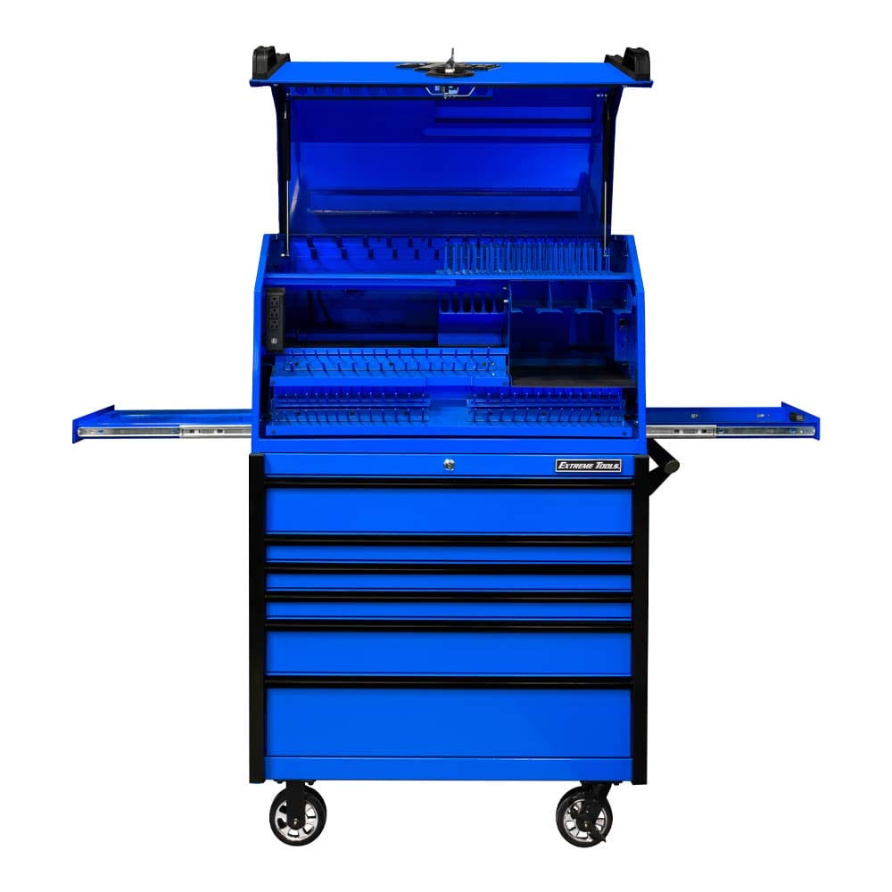Extreme Tools PWS4120 Portable Workstation With Multiple Drawers And An Open Top Compartment Featuring Various Slots And Organizers For Tools