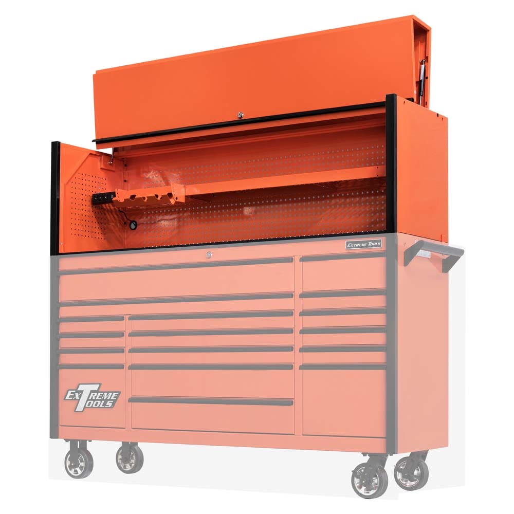 Extreme Tools Roll Cab Hutch Workstation With An Open Top Compartment Mounted On Top Of A Matching Orange Tool Chest With Multiple Drawers And Caster Wheels
